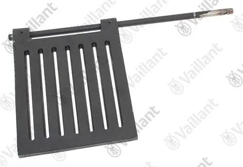 Vaillant Brennerrost mit länglichen Öffnungen und einem Stab zur Befestigung. Das Produkt ist aus Metall gefertigt und zeigt eine dunkle Oberfläche.